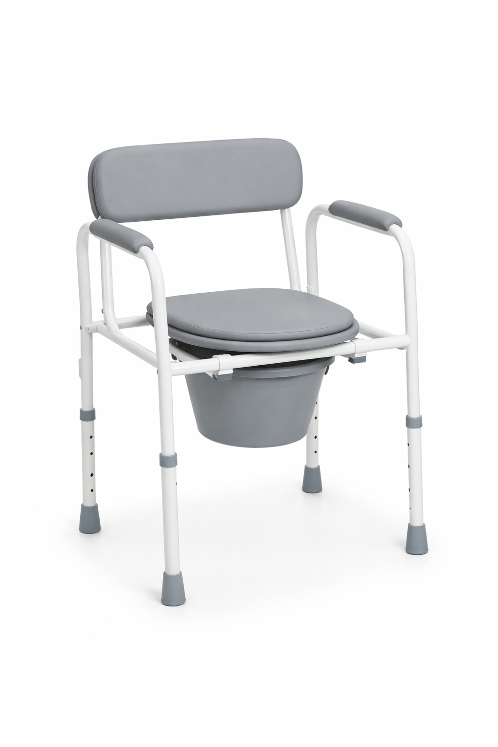 Commode chair for home use with seat, armrests and bucket for safe and convenient toileting