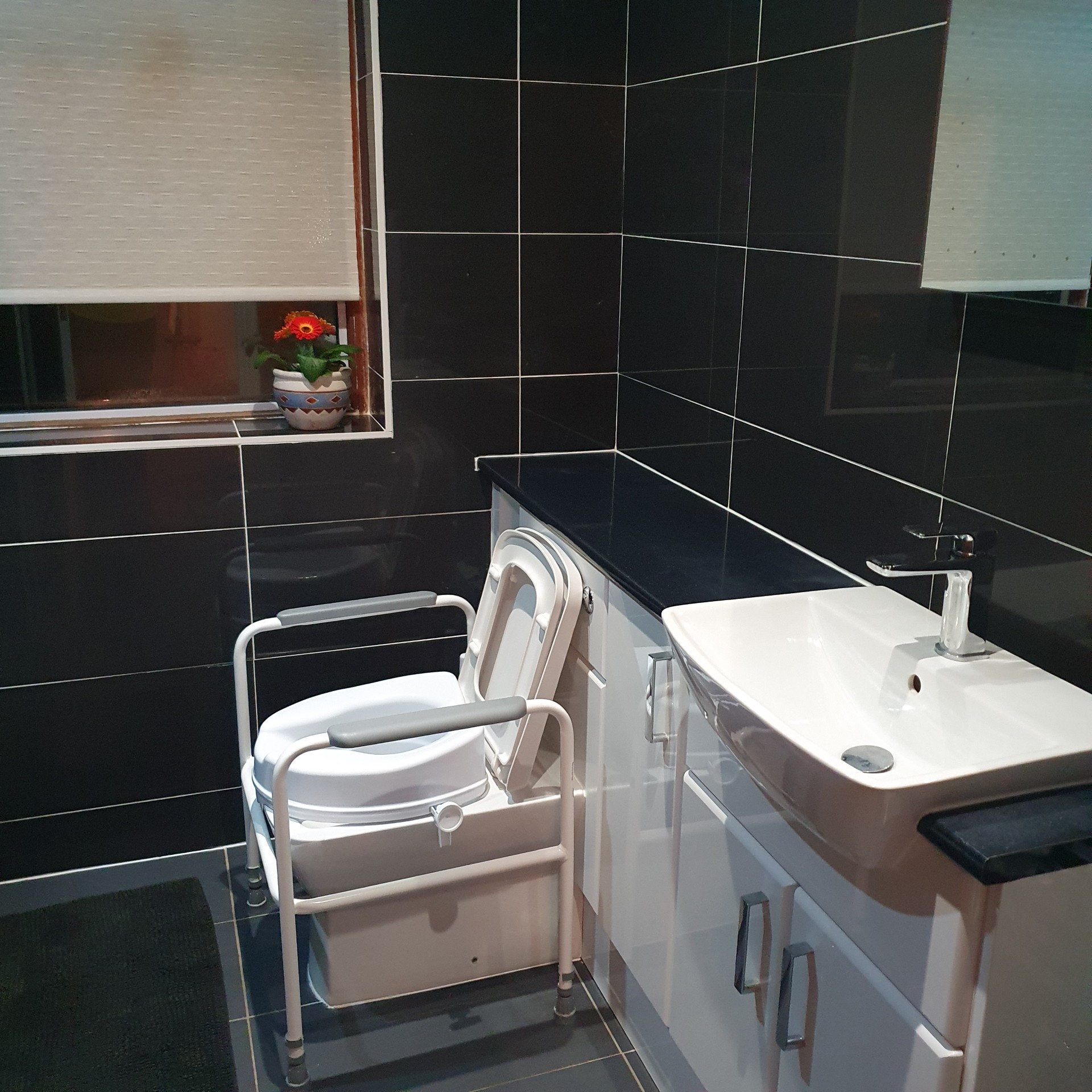 Raised toilet seat with arm supports for safer sitting and standing in bathroom