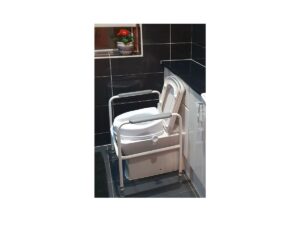 commode chair placed over a toilet in a bathroom, providing support for safer and more manageable toileting