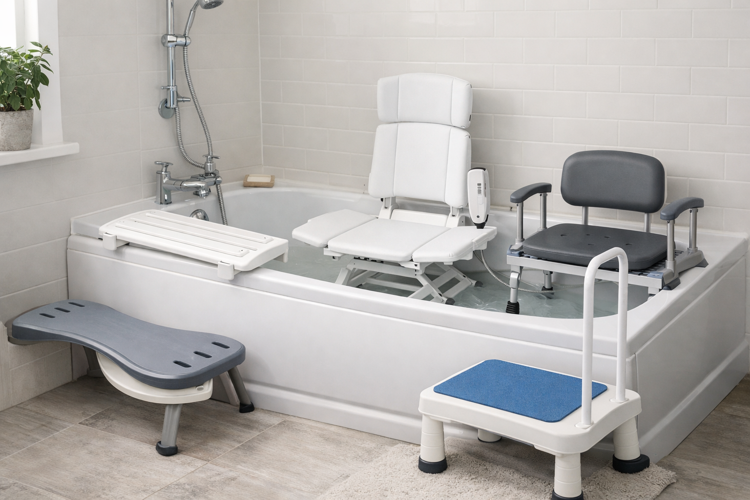 Bath transfer aids including bath board and swivel seat to support safe movement in and out of the bath