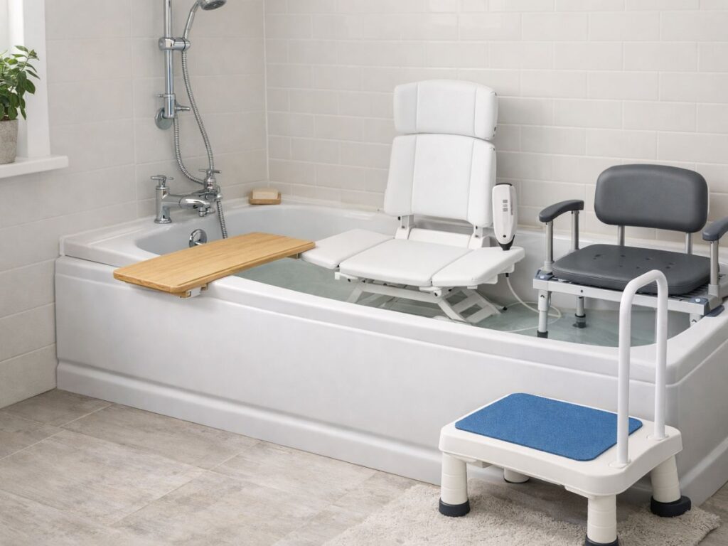bath transfer board and swivel seat with step stool to support safe entry into the bath
