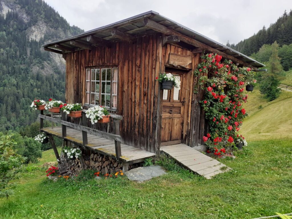 wooden cabin with red flowers, representing a safe and manageable home environment